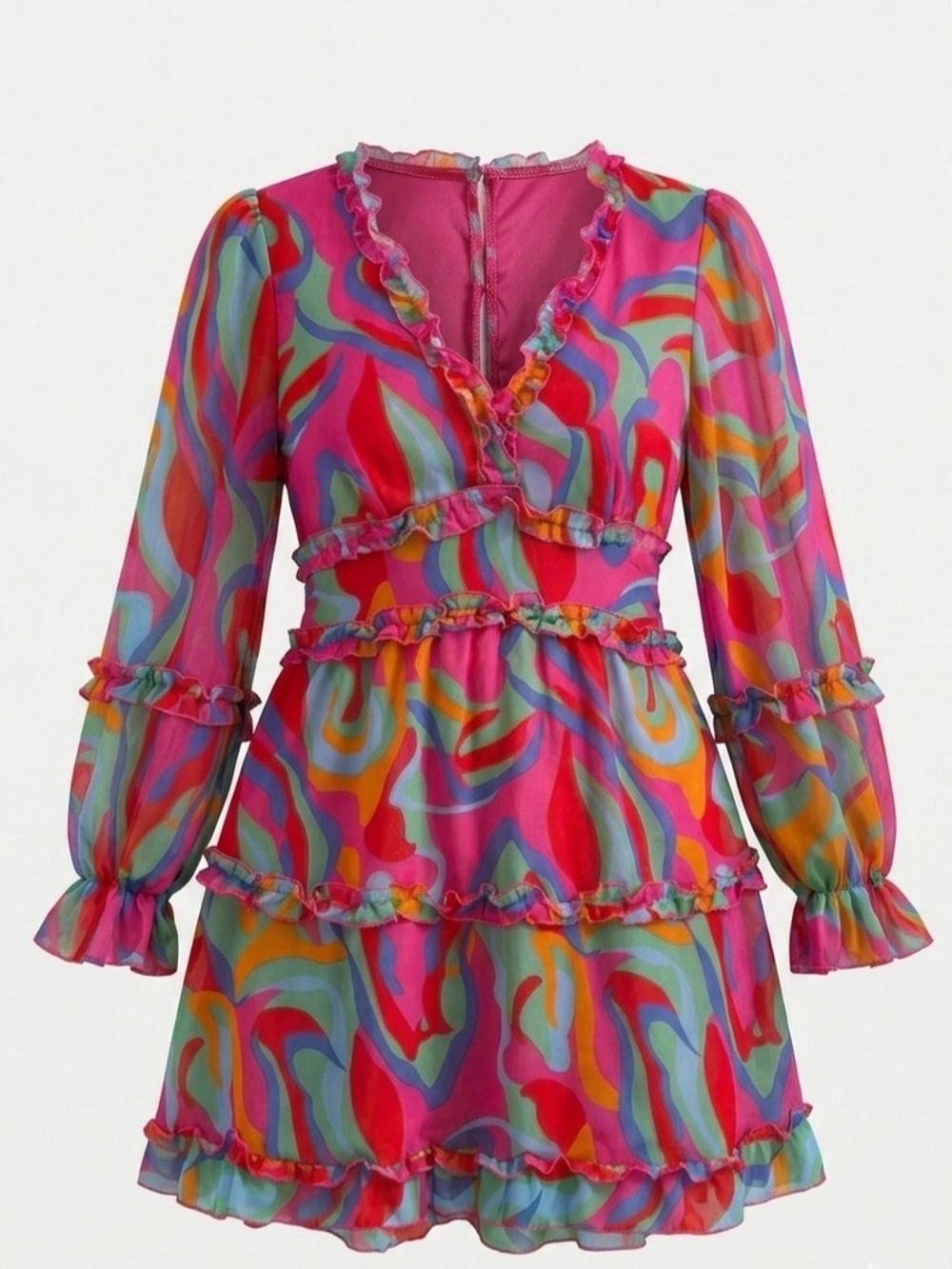 Pink Multi-Color Ruffle Tiered Mini Dress